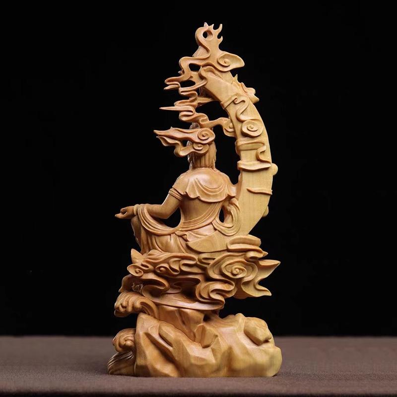 Natural Cypress Water Moon Guanyin Statue  Chinese Buddha StatuesHand-carved Home Room Office Feng Shui Figure Decoration Statue