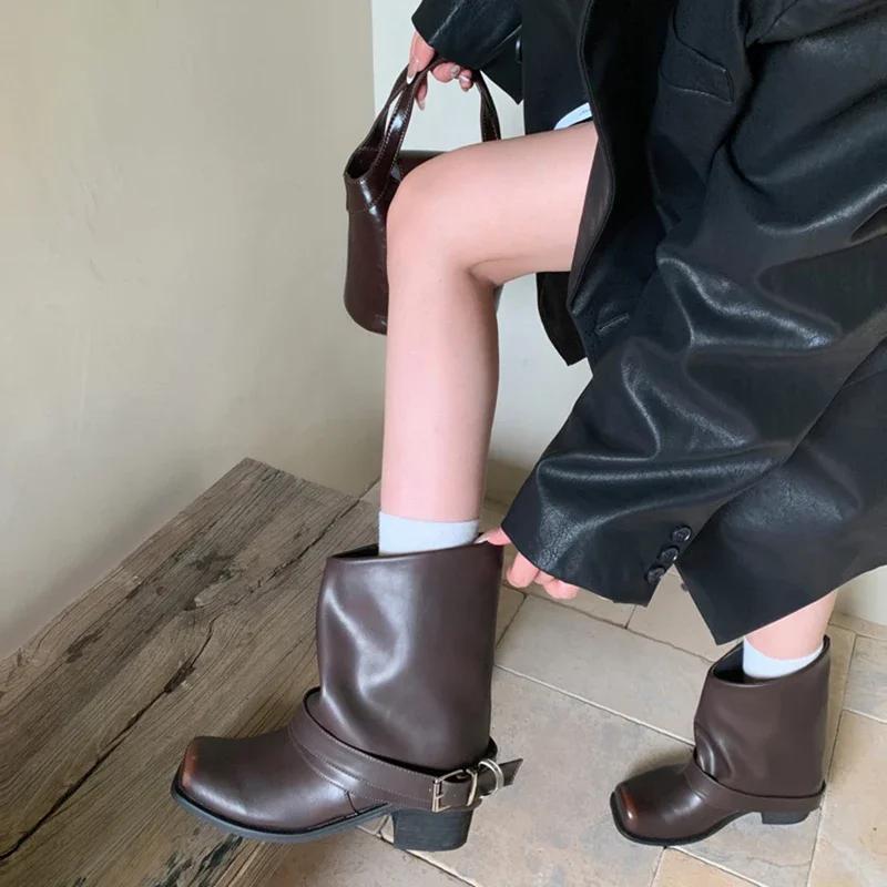 Vintage Square Toe Women Western Cowgirl Fashion Belt Buckle Shoes Autumn Winter Thick Heel Women'S Knight Short Booties