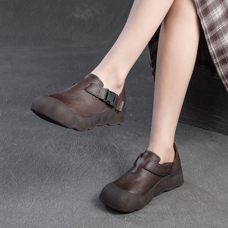 Johnature Retro Soft Leather Thick Soled Shoes Buckle Casual And Comfortable Women's Flat Platform Shoes