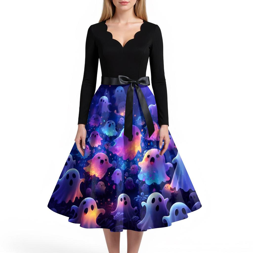 Women's Casual And Fashionable V-neck Long-sleeved Halloween Printed Dress