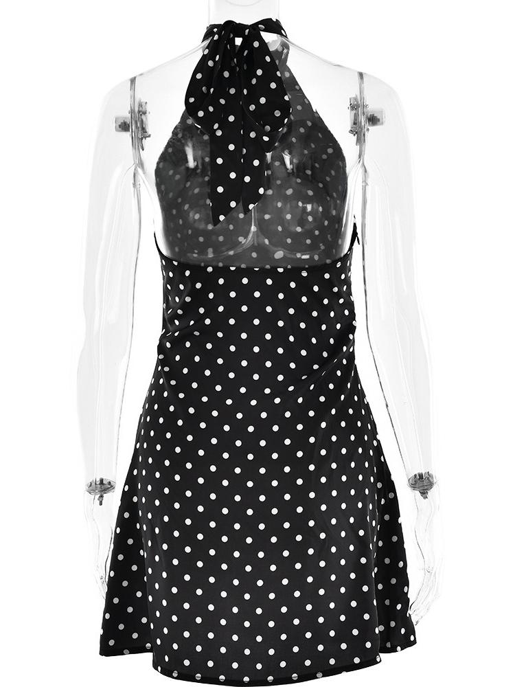 Damesmode Kleding Halter Mouwloos Stippen Satijn Korte Jurk 2026 Zomer Sexy Bandage Backless Mini Avondfeest Jurken