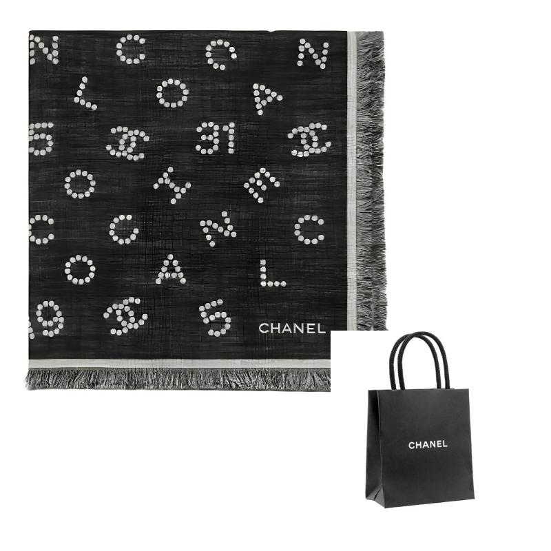 

CHANEL [25C Early Spring] Tassel Design - Velvet Scarf Unisex Couple Style Black чорний