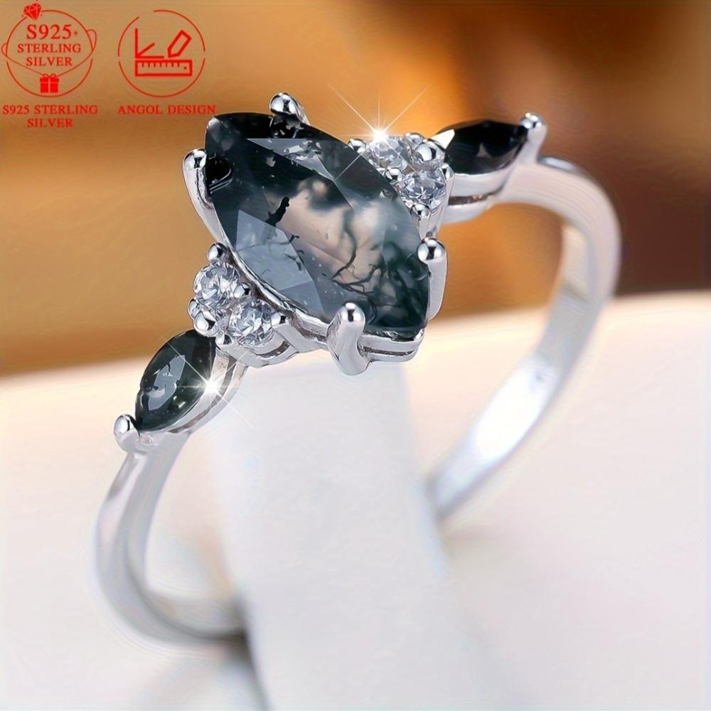 925 Sterlingsilber Marquise-Schliff Natürlicher Moosachat Ringe für Damen Hochzeit Verlobung Geometrischer Schmuck Geschenk