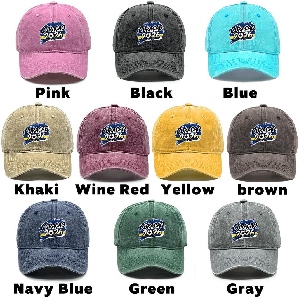 2026 Football Soccer "CURACAO" Flag Printed Baseball Hat , Adjustable Baseball Cap Headwear Non-Stretch Fabric Leisure Solid Color Sun Hat