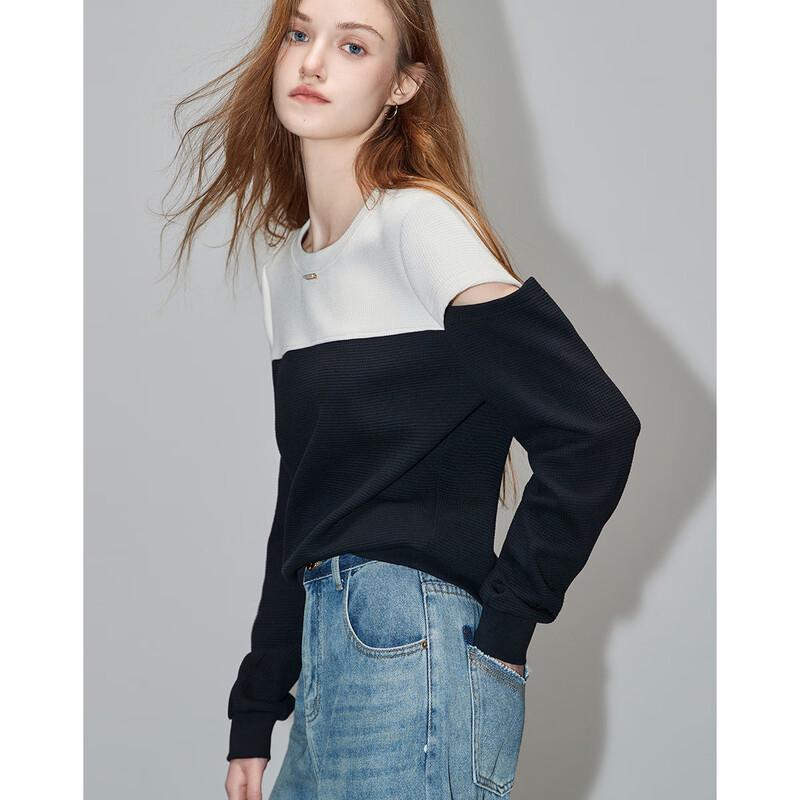 Demana French Style Waffle Knit Patchwork Off-Shoulder Sweatshirt M