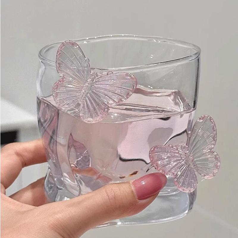 Pink Butterfly Irregular High Beauty Transparent Crystal Glass Cup Cold Drink Cup Twist Cup  Household Juice Whiskey Glass 250ml