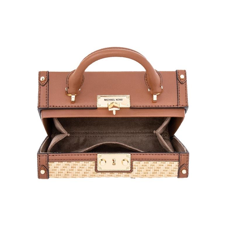 Michael Kors Island Escape Woven Pineapple Print Color Block Vacation Style Leather Small Square Bag Women Handbags Brown 35T1G5IC2W-NATURAL-MLT