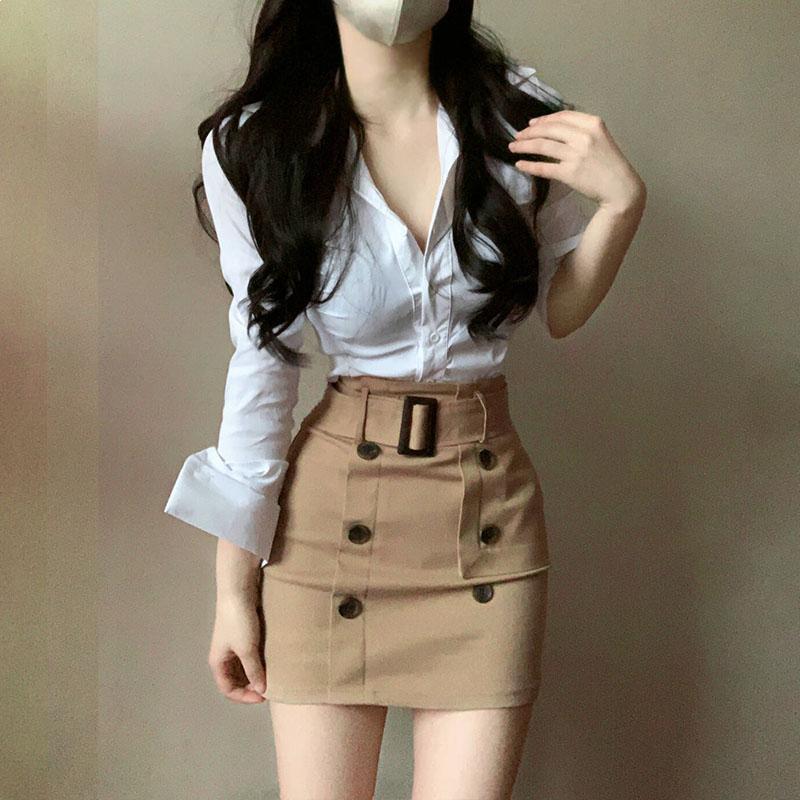 Korean Style Waist-Cinching Shirt & High-Waisted Hip-Hugging Skirt Set for Spring/Summer