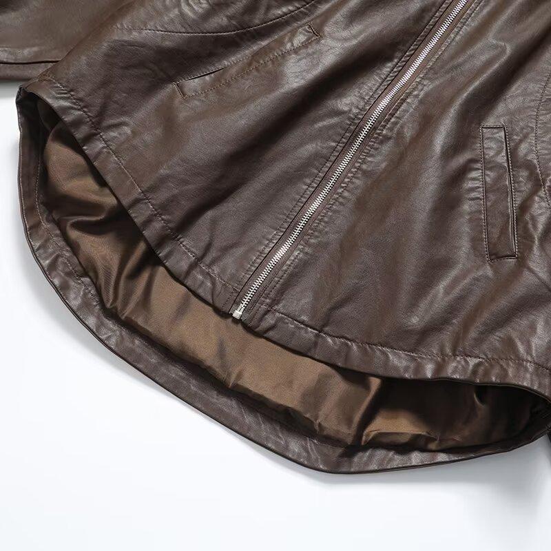 2024 Autumn Women's European & American Style Faux Leather Hooded Sweatshirt Coat