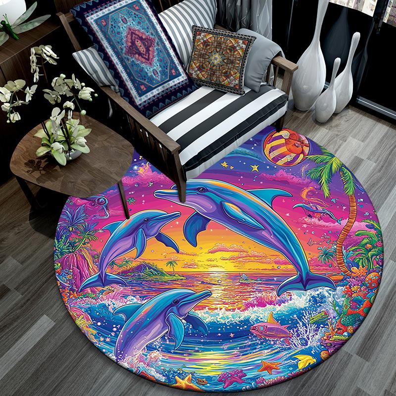 Dolphins Sunset Round Area Rug,Carpet Rug for Living Room Bedroom Sofa Playroom Decor,Non-slip Floor Mat