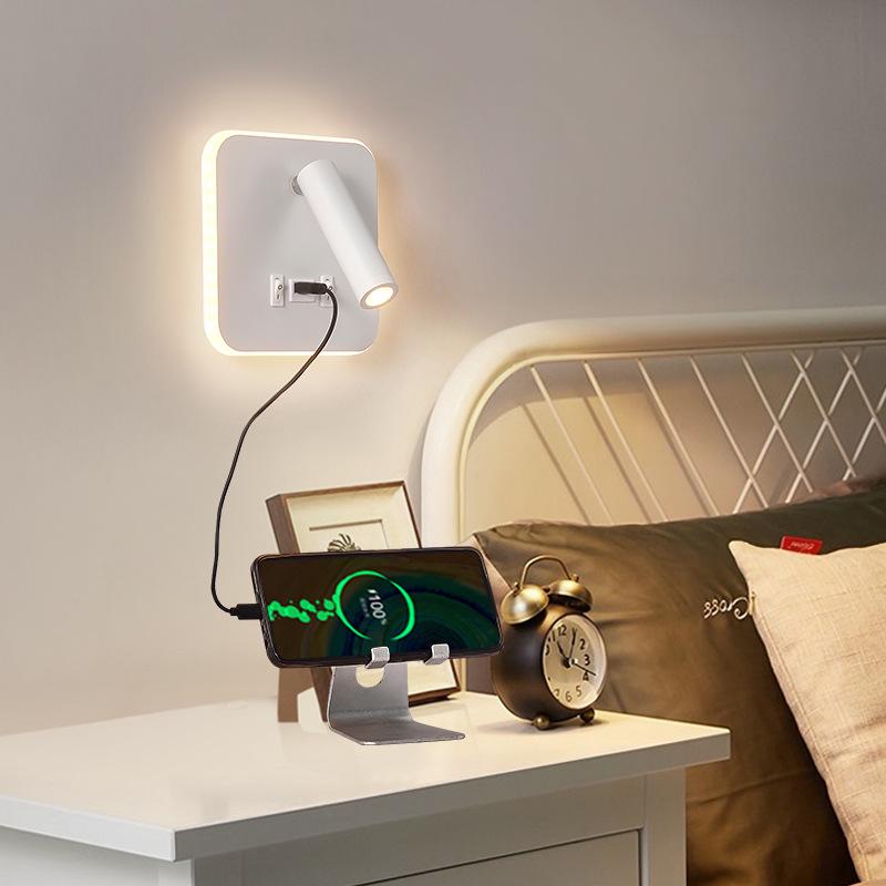 Modern Minimalist Indoor LED Wall Lamp with USB Reading Light for Bedroom or Living Room.