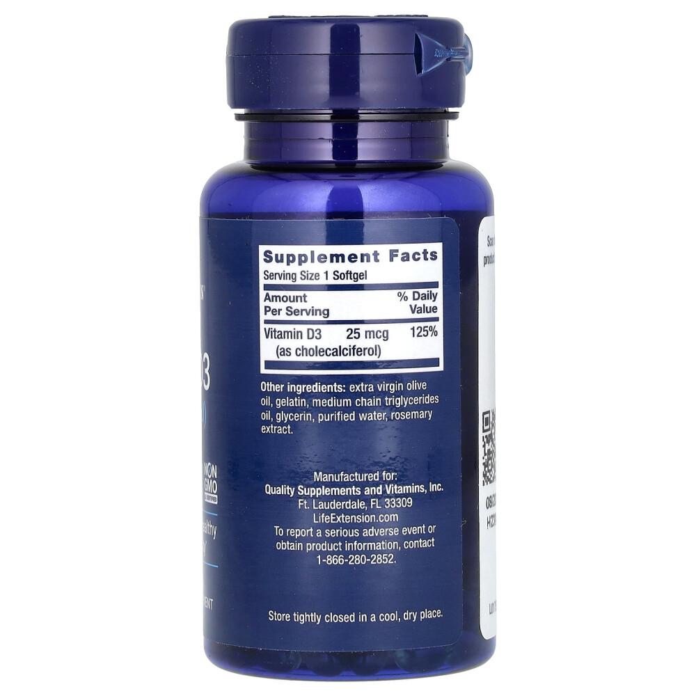 Life Extension Vitamin D3 25 mcg (1000 IU) Softgels, 250 Count - 3 Pack