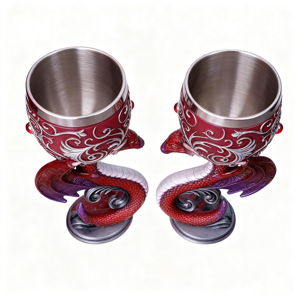 Gothic Dragon Wine Goblet Set Medieval Style Stainless Steel Lined Cup with Cross and Red Gem Perfect for Fantasy Lovers