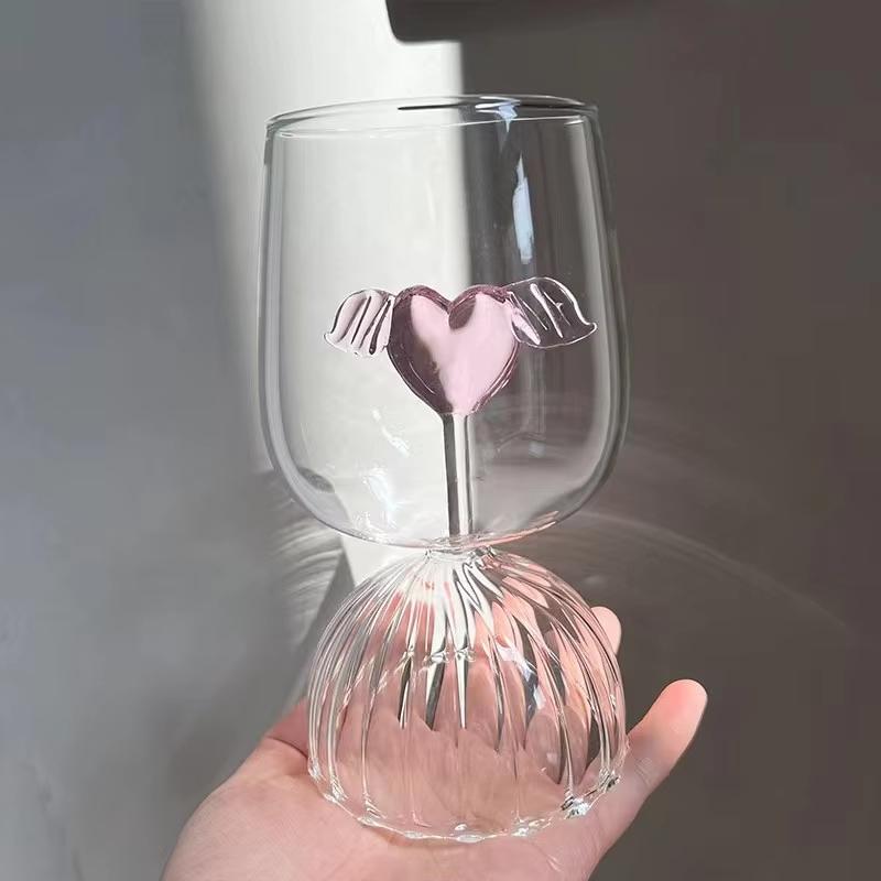 Glasbecher mit Rosa Herz Glasbecher Flügel Weingläser Engelsgläser Hitzebeständig Dessert Eisbecher Cocktailkelch Geschenk