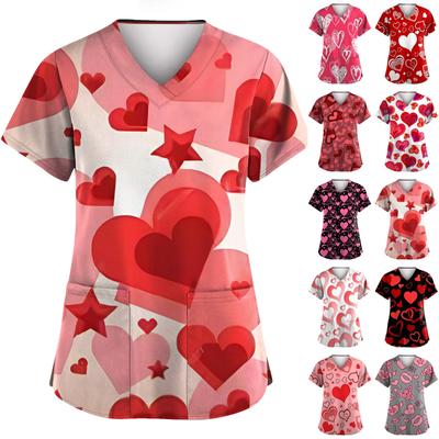 Uniforme Uniforme de Manga Corta con Bolsillo y Cuello en V Holgado Estampado para Mujer para el Día de San Valentín