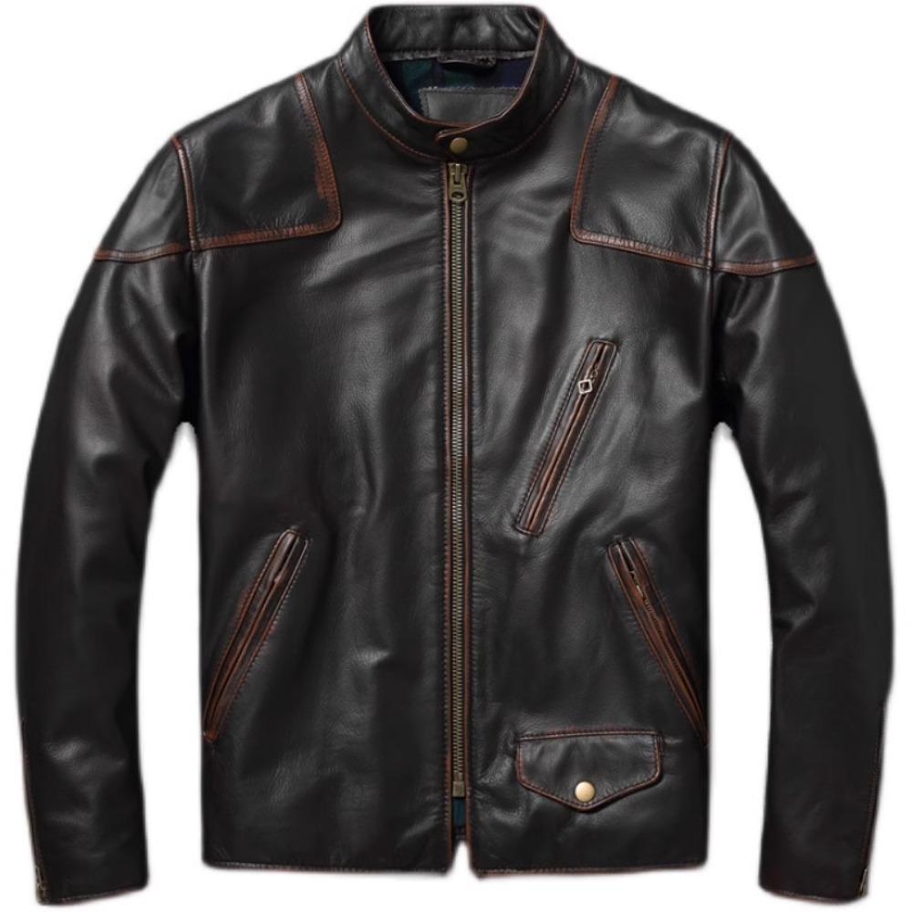 Stile RL Top Layer Oil Waxed Pelle di Vacchetta Vera Giacca Uomo Collo Alto Marrone Motociclo Giacca Uomo Biker Giacca Primavera Autunno