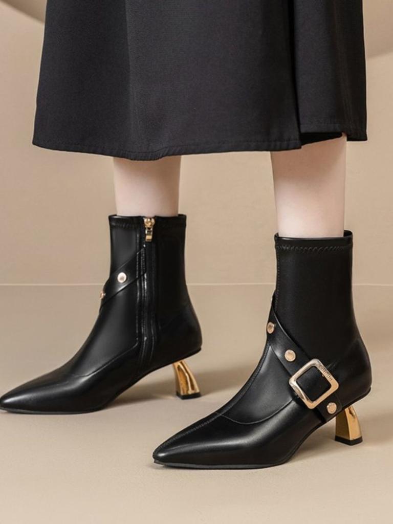 British Martin boots side zipper women's boots 2025 autumn and winter new temperament belt buckle pointed thin heel high heel short boots