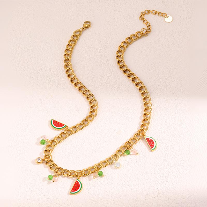 Titanium Steel Necklace, Cool Summer Watermelon Pendant Necklace Female, European and American Fashion Niche Light Luxury Collarbone Chain