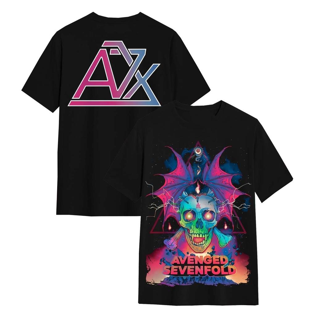 Avenged Sevenfold  Dark Metal Band  Schwarzes Leder T-Shirt  Lockere Passform für Amerikanischen Stil