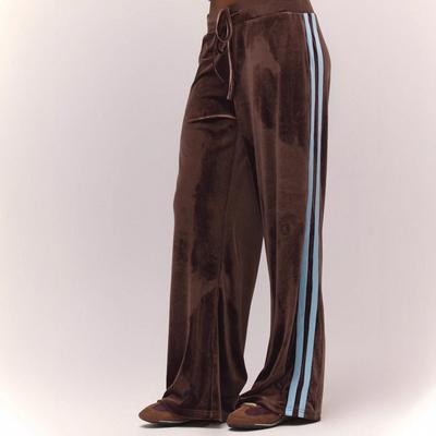 Women's Wide Leg Side Strips Velvet Lace Belt Elastic Waist Jogging Pants Casual Home Pants Women Caramel Color