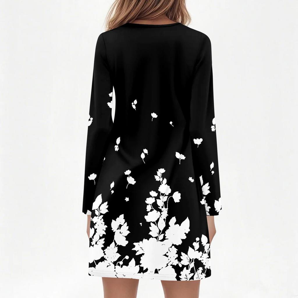 Women's Long-sleeved Casual Midi Dresses V-Neck Print  Casual Dress