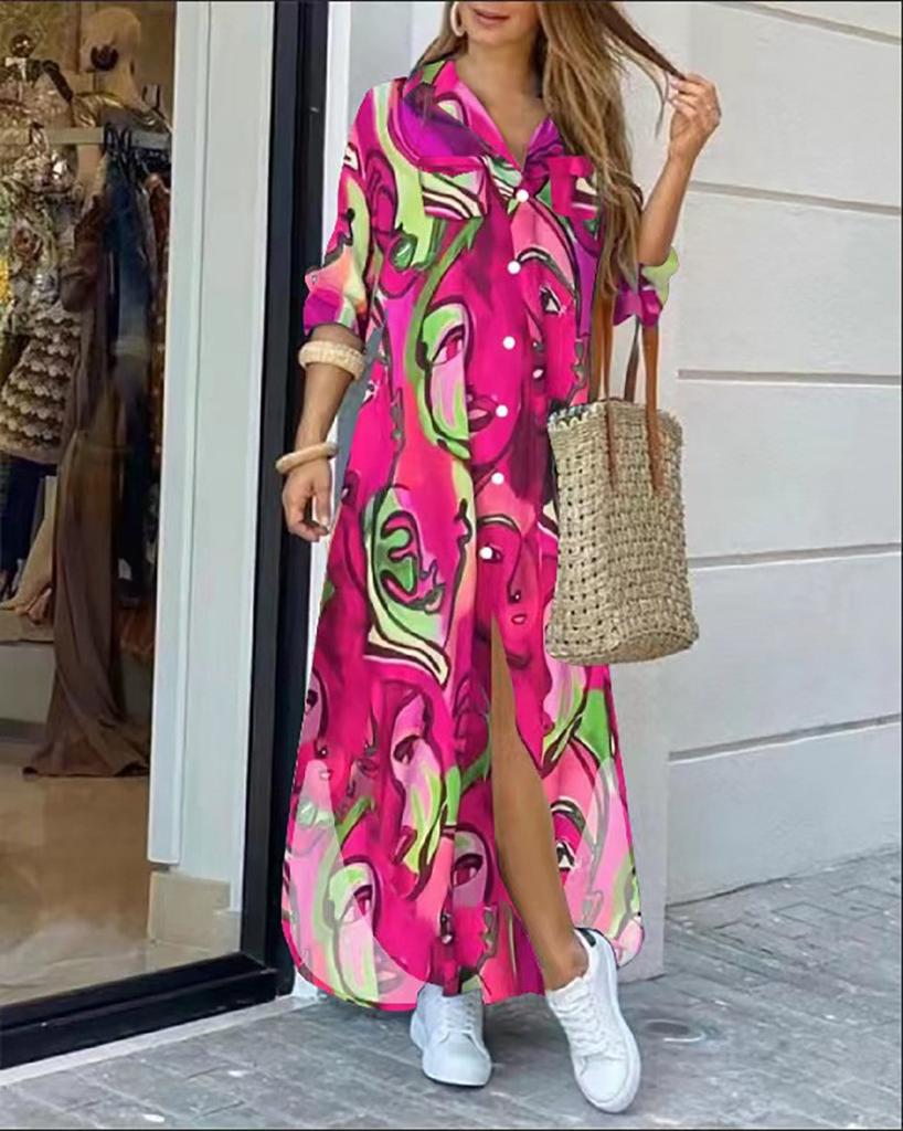 Fashion Long Sleeve Print Women Loose Fit Casual Maxi Dress