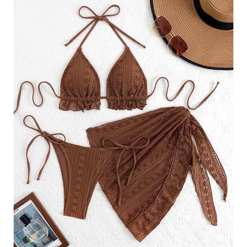 Sexy Bikini Set Plavky Dámské Trojúhelníkové Sestříhané Volánky Tanga Bikini Push Up Bandáž Krycí Oblečení Plážové Oblečení 3dílné Plavky