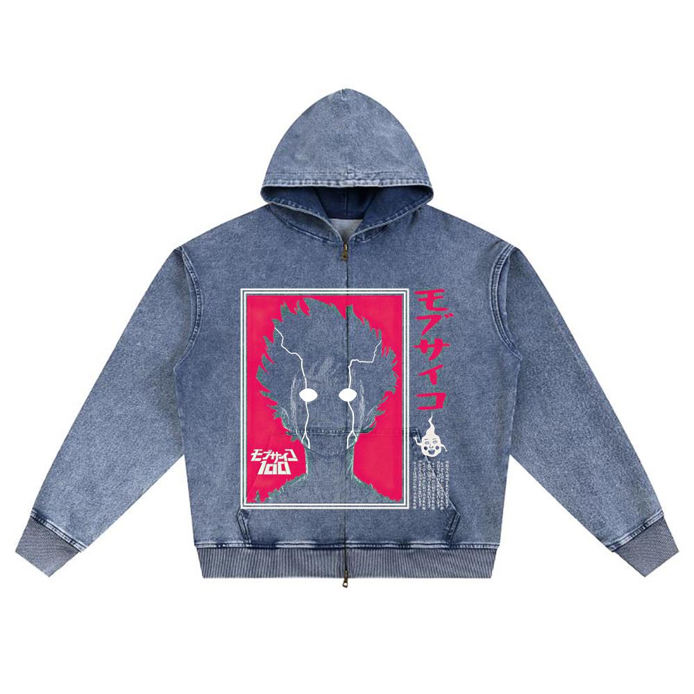 DTG print Knitted Denim Zip-Up Hoodie Copy of MOB Psyco 100 v2 Brother Print Zipper Hoodies  