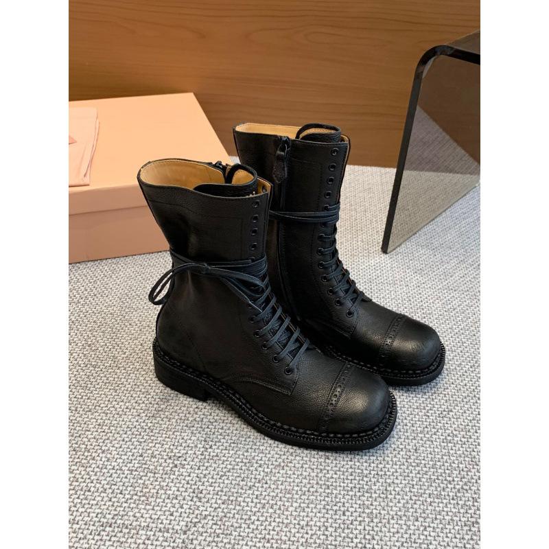 

Big tube circumference catwalk model, retro style Martin boots, new lace-up locomotive boots, polished leather knight boots 35