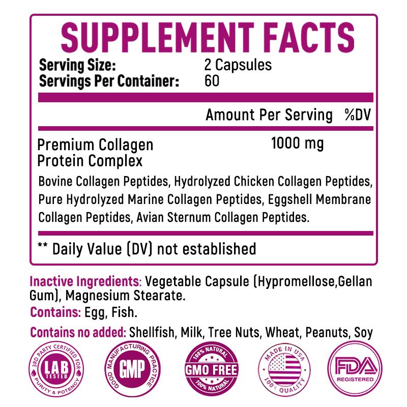 BALINCER Collagen Multi Complex Supplement, 5 Types (I II III V X), 1000mg Complex, 120 Caps