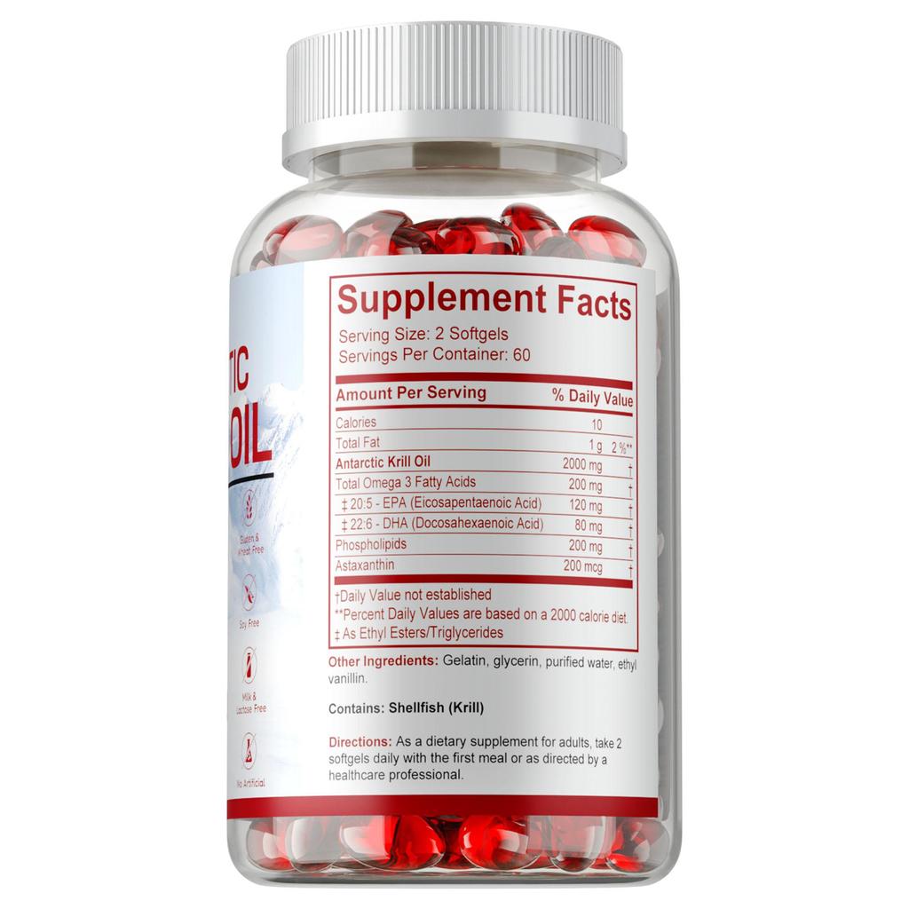 Antarctic Krill Oil Softgels - 2000 Mg with Omega-3s EPA, DHA, Astaxanthin and Phospholipids - for Brain, Heart, Joints, Skin and Immune Support