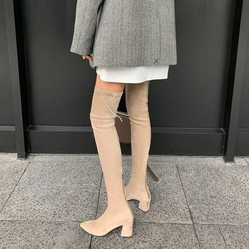 Fashion Over The Knee High Boots Women Pointed Toe High Heels Chelsea Snow Boots 2024 Trend Winter Suede Sexy Chunky Pumps Zapatos Mujer