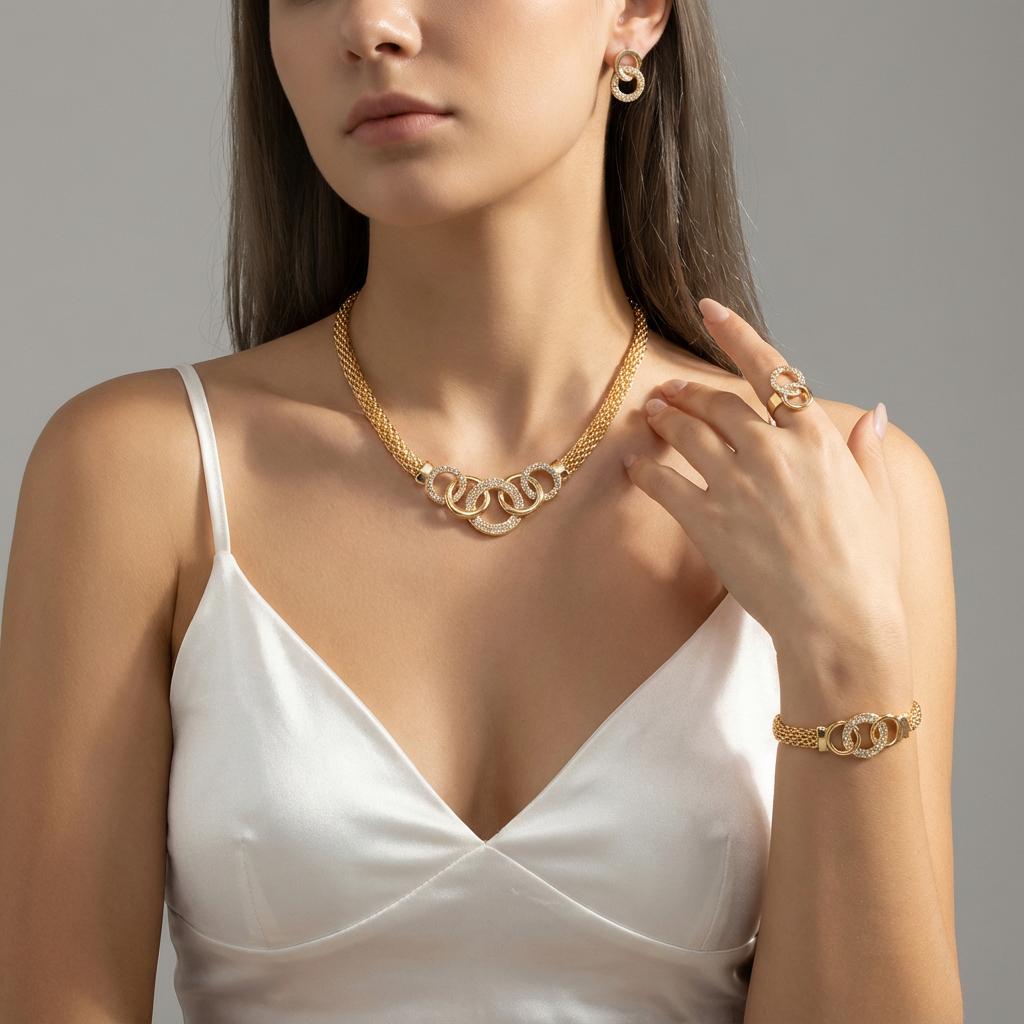 Luxury Rhinestone Interlocking Circle Jewelry Set for Women Trendy Gold Color Crystal Necklace Earrings Bracelet Ring Set Gifts