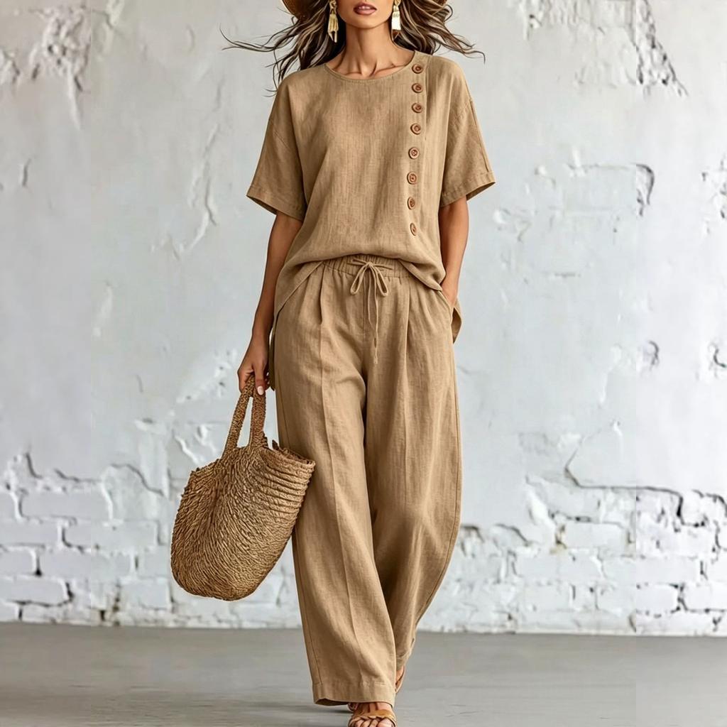 Women's Fashion Round Neck Short Sleeved Top With Elastic Waist, Casual Loose Wide Leg Pants Two-piece Set