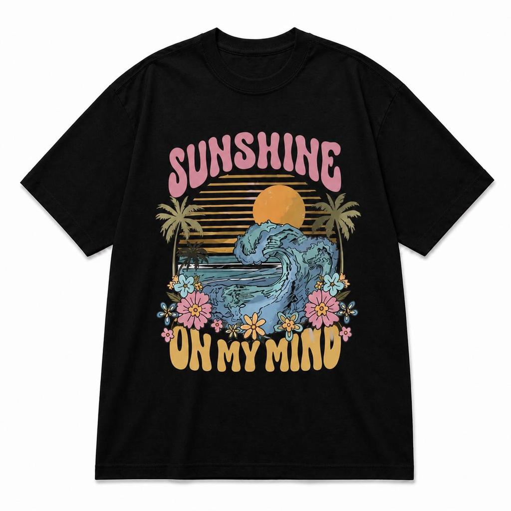 Retro Beach Sunset Graphic Tee – Palm Trees, Waves, Summer Vacation Shirt