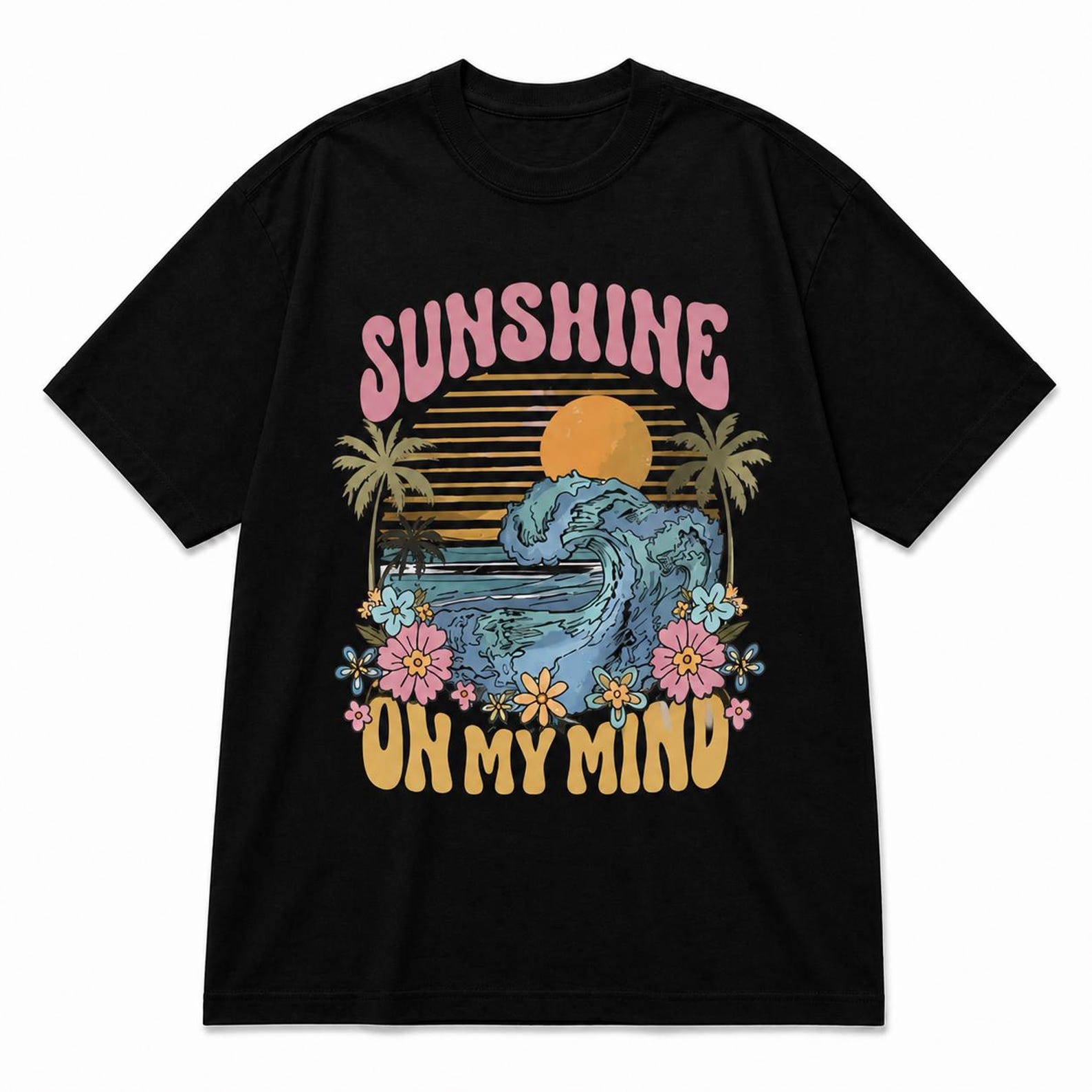 Retro Beach Sunset Graphic Tee – Palm Trees, Waves, Summer Vacation Shirt M