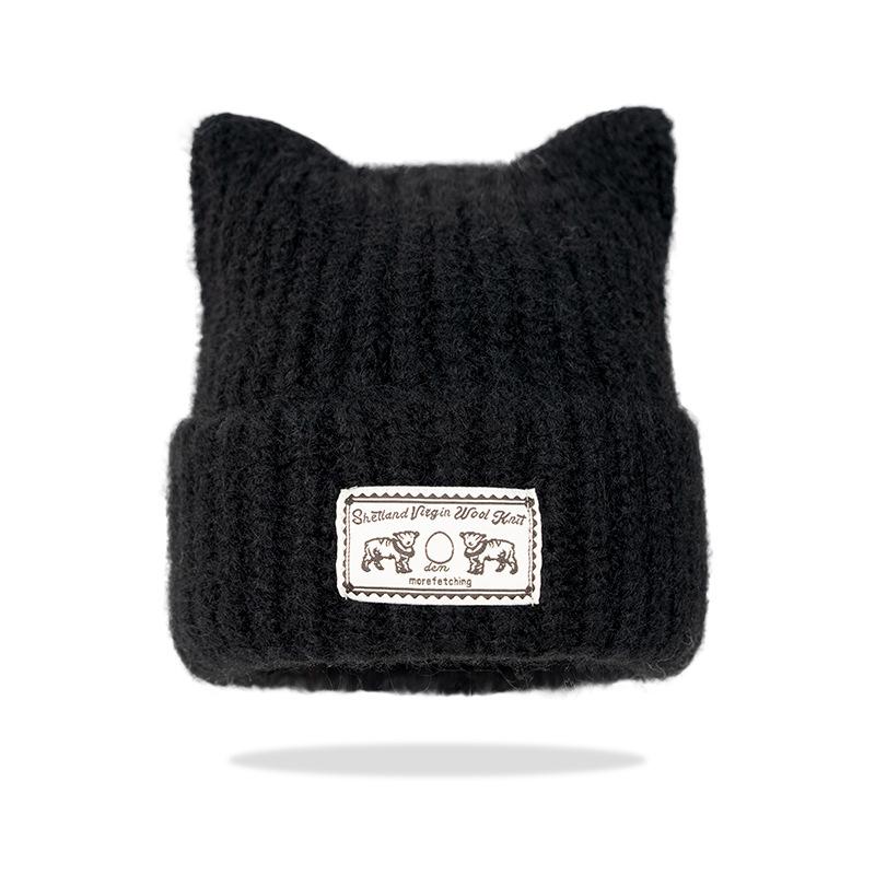 New cute cat ear patch solid color knitted hat autumn and winter face small wool hat warm ear protector pullover hat cold hat