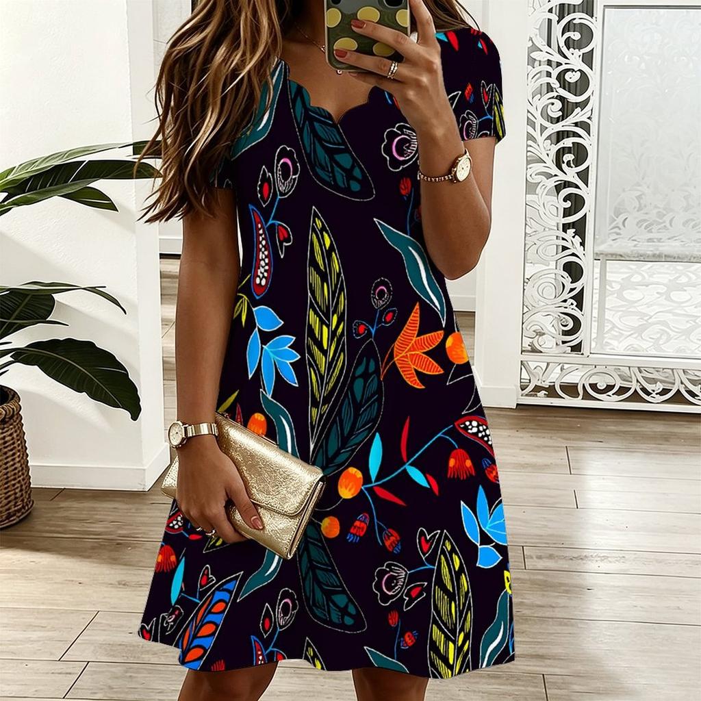 Women V Neck Vivid Blossom Printed Plus Size Summer Short Sleeve Loose Dress