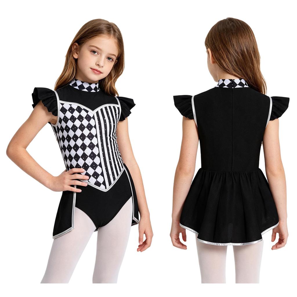 Girls Clown Cosplay Bodysuit Rhombus Patchwork Ruffled Sleeves Mock Neck Back Zip for Circus Halloween Masquerade Performance