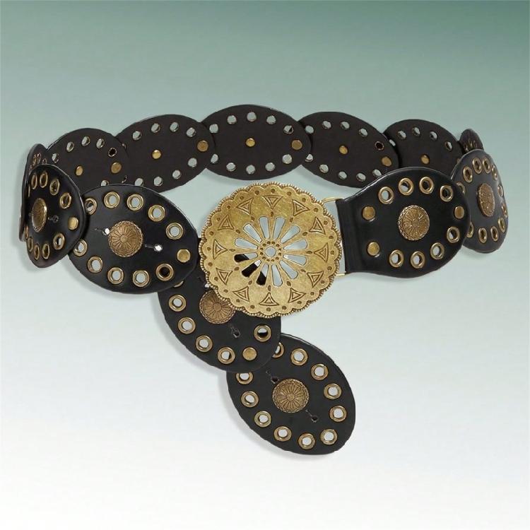 Comfortable Round Disk Waist Belt For Women PU Leather Strap With Ethnic Motifs Everyday Wear