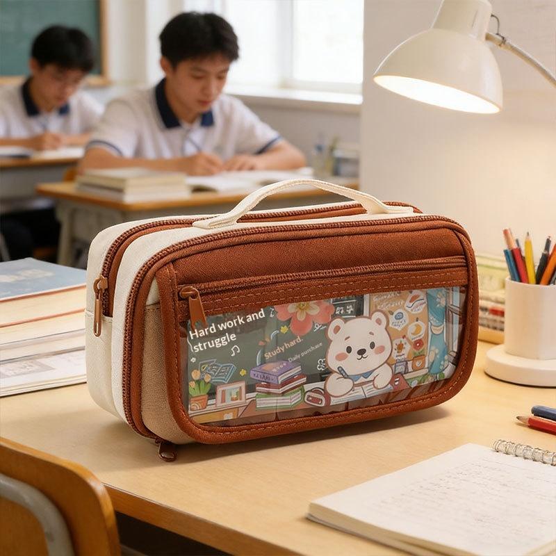 Large Capacity Transparent Pencil Case Cute Cartoon Bear Holds 40 Pens For Students School Use
