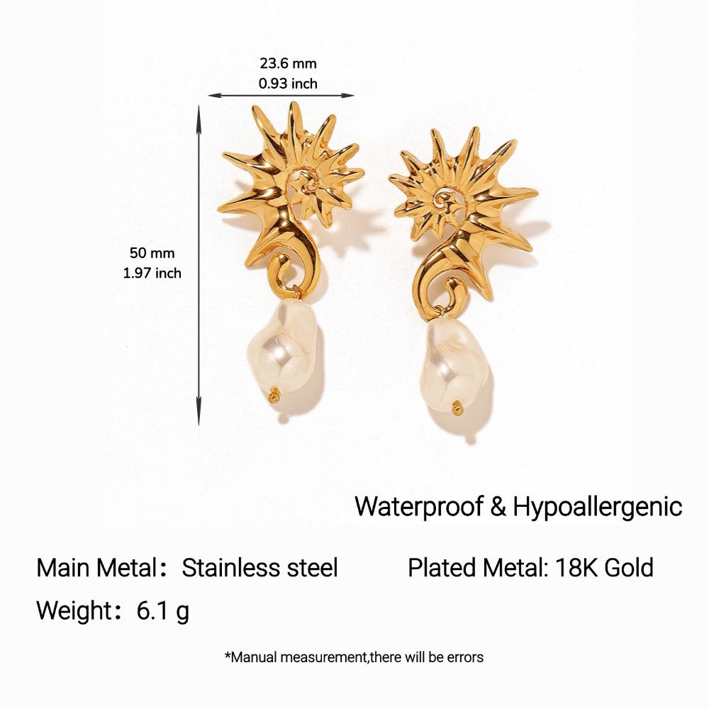 Yingtai European-American Ocean Style Titanium Steel Earrings with Imitation Pearls, Fine Polish, Vacuum-Plated 18k Gold