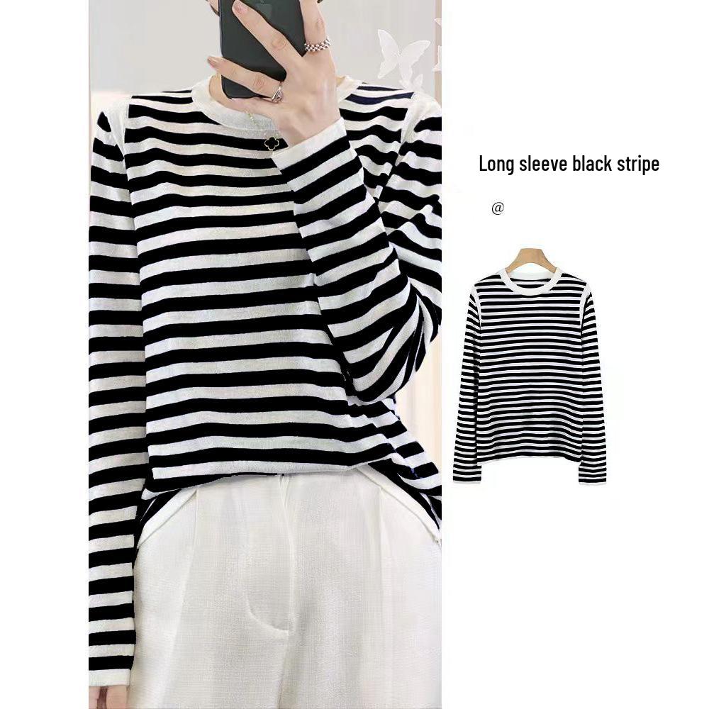 Loose Fit Striped Black & White Patchwork Long Sleeve T-shirt - Korean Style, Casual Plus Size Base Top for Autumn
