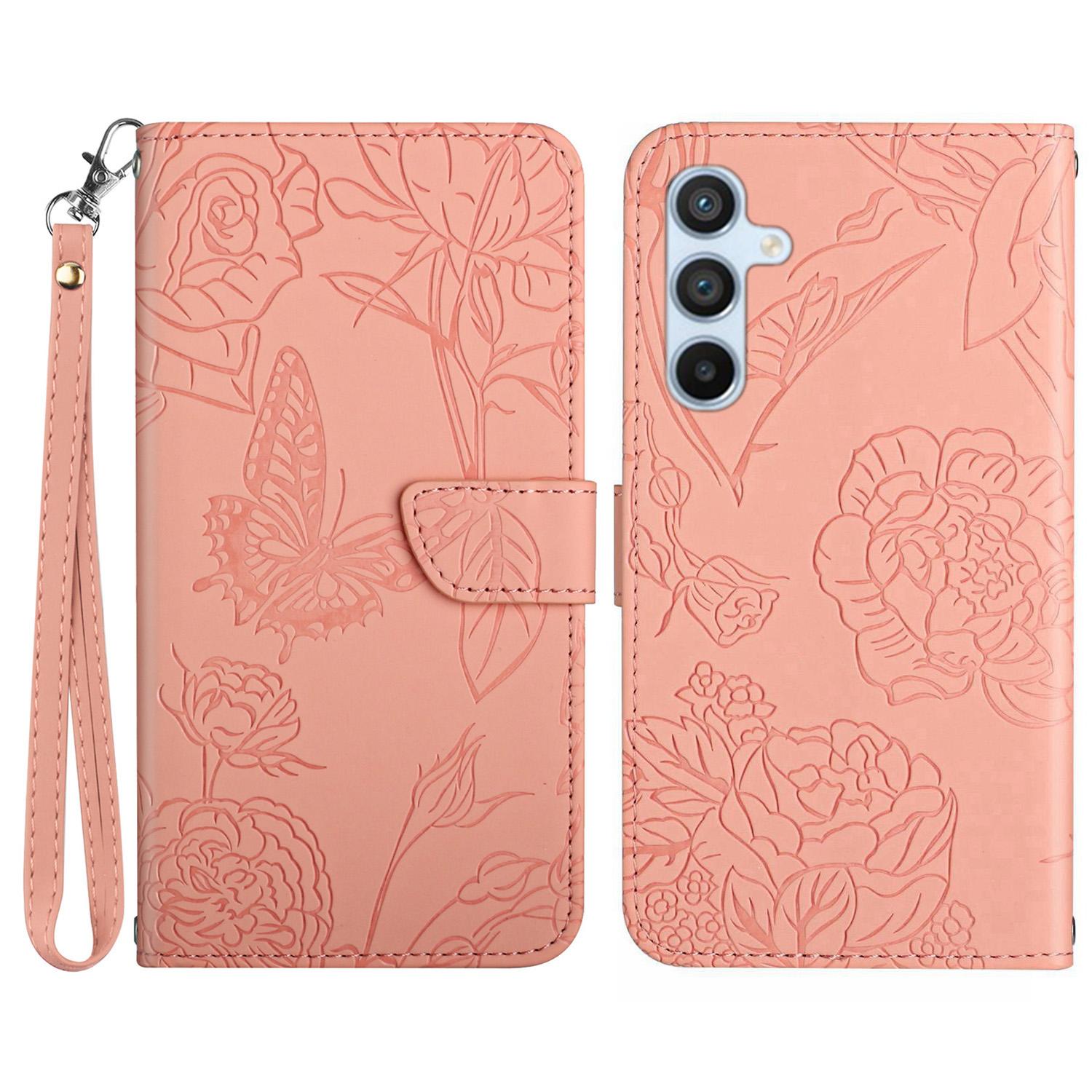 

For Samsung Galaxy A17 Case Butterfly Flower Imprinted Leather Phone Cover with Strap Pink