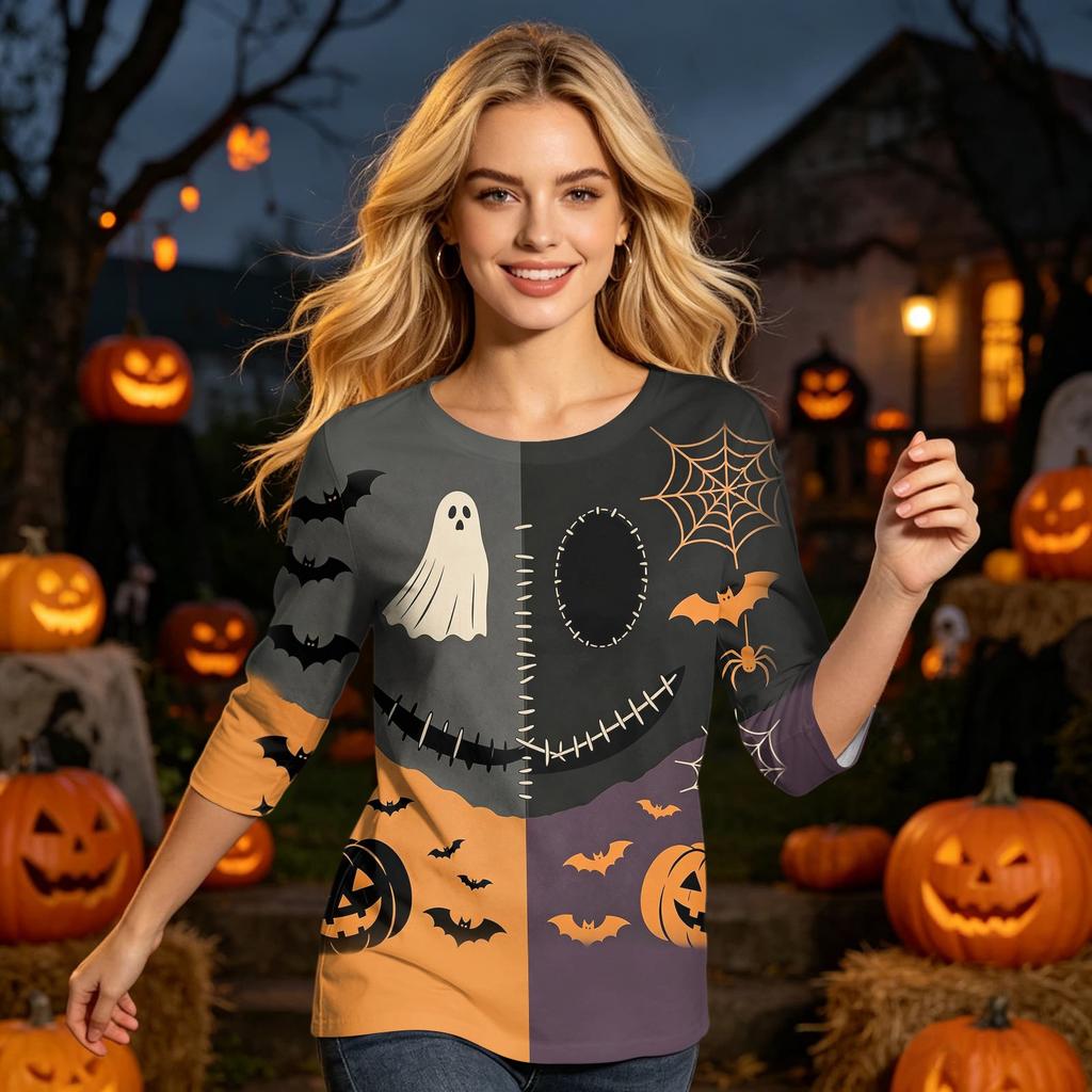 Women's Casual Halloween Print Three Quarter Sleeve Round Neck Top Comfortable Fit Lightweight Fabric Stylish Design