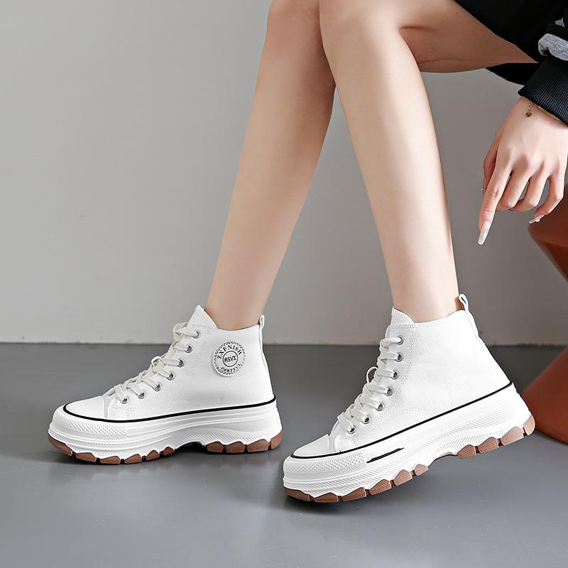 Spring Women High Top Sneakers Lace-Up Casual Plarform Height Canvas Non-slip Wear Resistant Female Vulcanize Shoes fashion