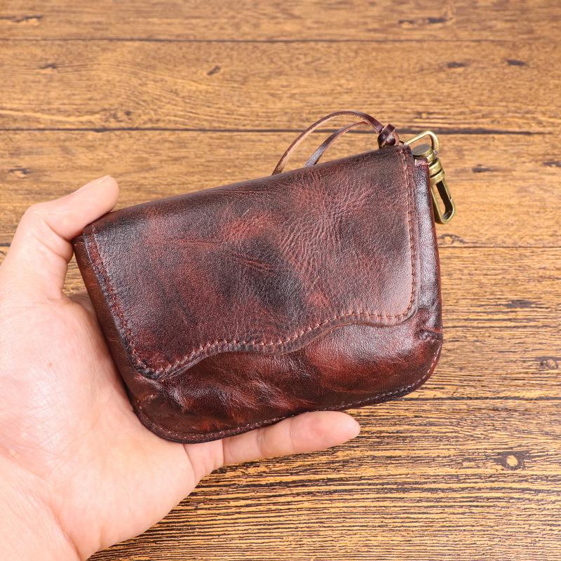 Head Layer Cowhide Key Bag for Men, Made of Aged Vegetable Tanned Leather, Pleated Waist, Hanging Key Buckle, Multifunctional Coin Purse