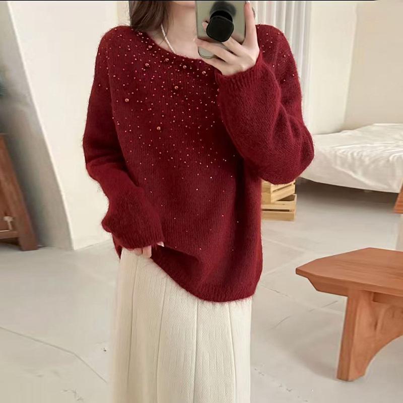 Korean High-End Beaded Knit Pullover for Women - Autumn/Winter Slimming Loose Sweater