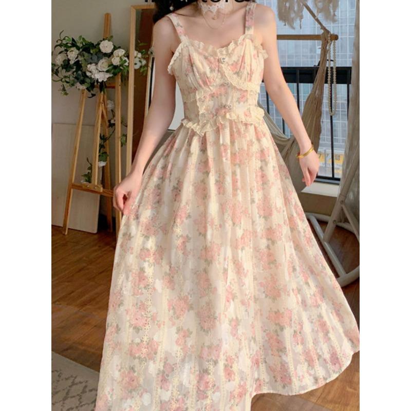 

Шифоновое кружевное платье на бретелях, женское винтажное длинное платье феи с цветочной вышивкой, женские милые повседневные платья принцессы, лето 2022 S бежевый