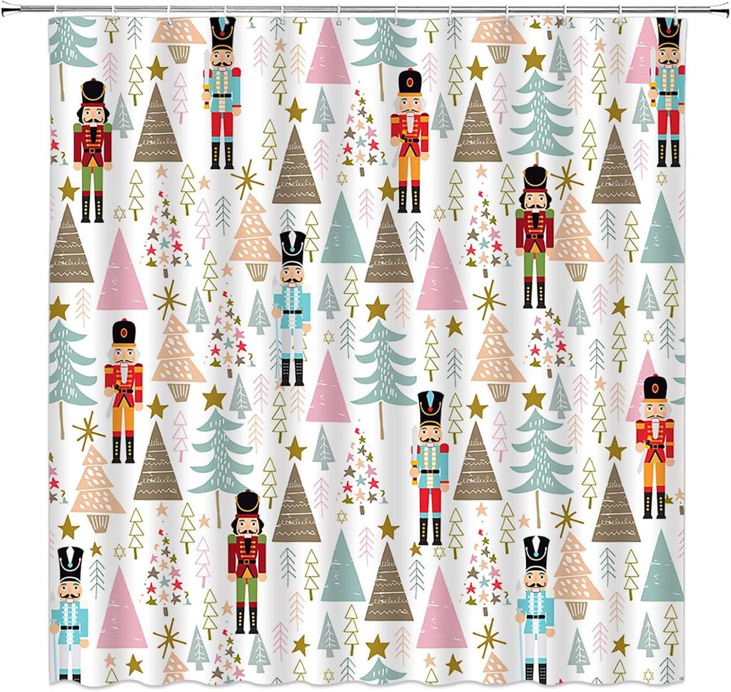 Funny Nutcracker Cartoon Christmas Shower Curtain with Colorful Tree Stars Pattern,  Holiday Bathroom Decor for Winter Festival